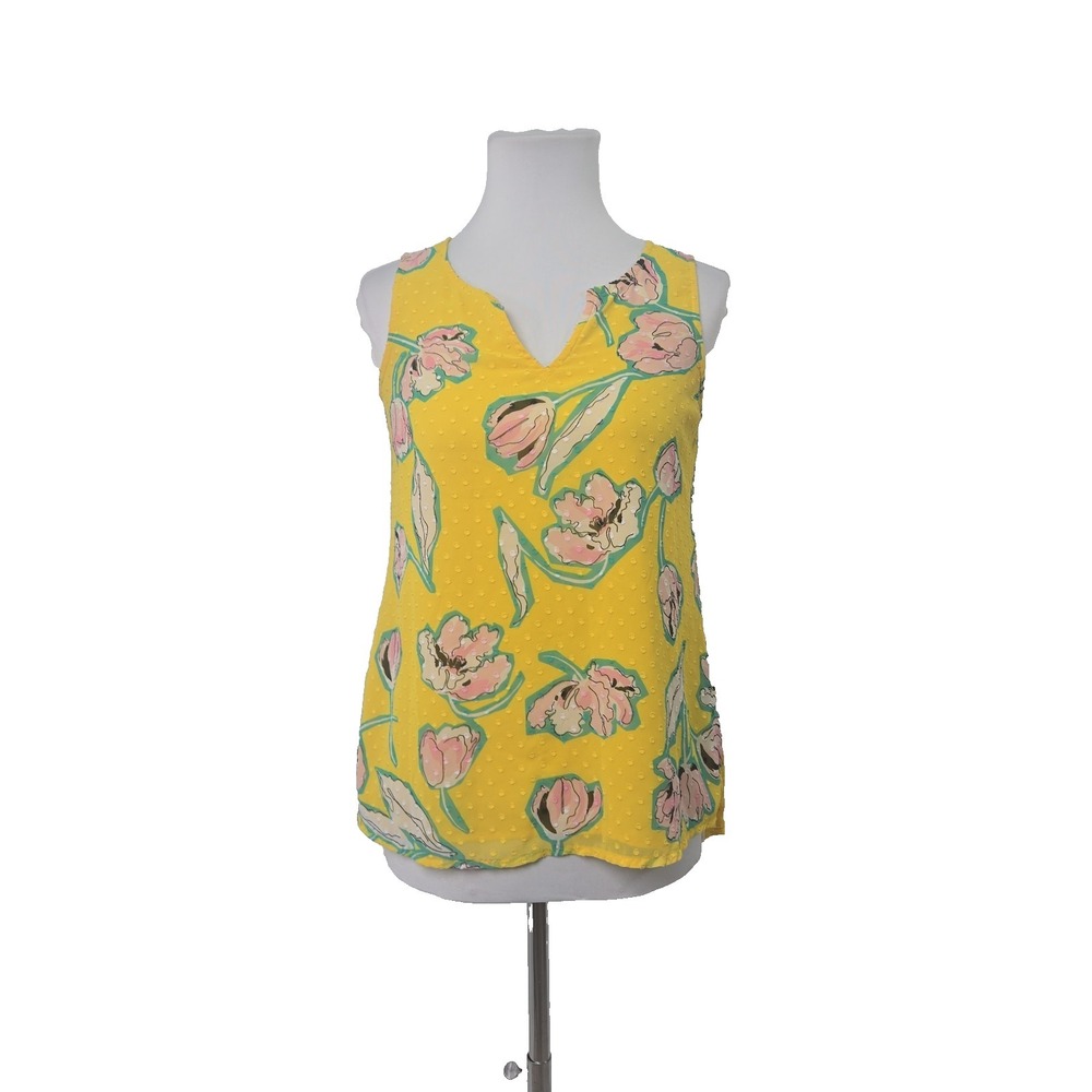 Apt.9 XS Yellow Floral Chiffon V-neck‎ Sleeveless Lined Blouse Top